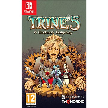 Trine 5 - Switch game cover featuring a whimsical illustration of a woman with gears, a knight, a wizard, and a thief, set against a colorful fantasy backdrop.