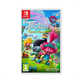 Colorful game cover featuring Trolls characters in a vibrant landscape, with a prominent pink-haired character and a bright blue sky, designed for Nintendo Switch.