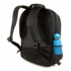 Black Tucano Lato backpack case with padded straps, mesh side pocket for a blue water bottle, and a sleek design suitable for a 17-inch laptop.