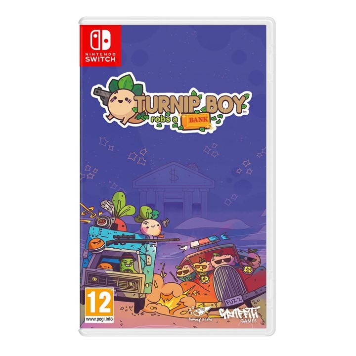 Cover art for "Turnip Boy Robs a Bank" featuring a cartoon turnip holding a gun, colorful vehicles, and a bank in the background, all set against a purple night sky.