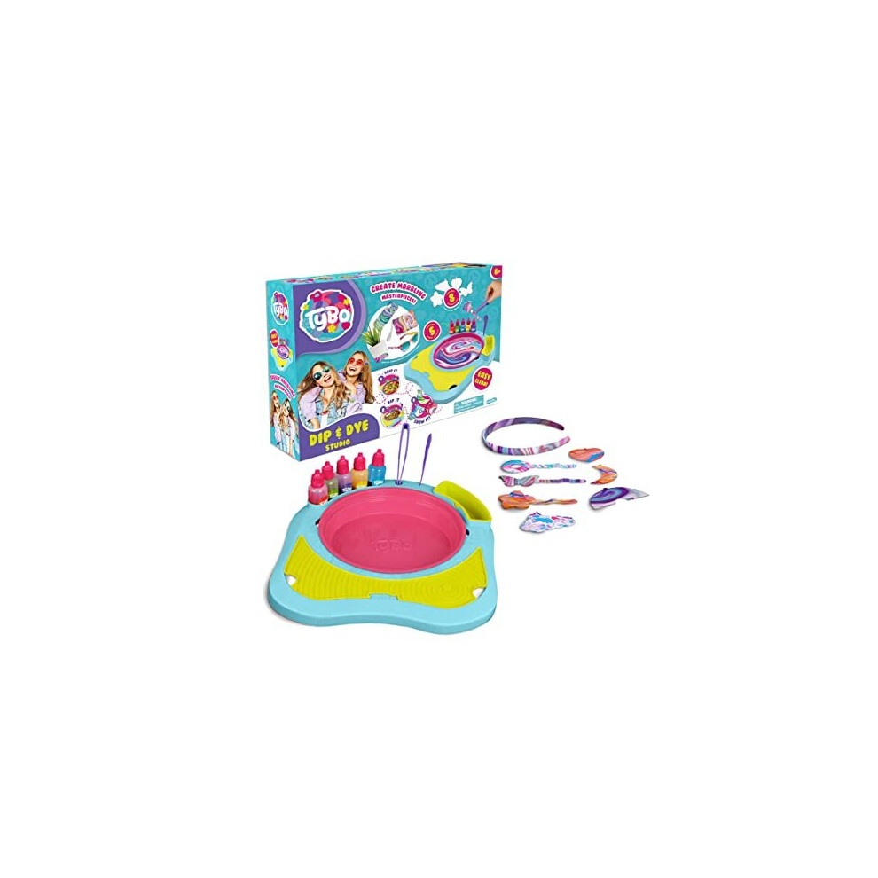 Colorful Tybo Dip and Dye Studio Craft Set featuring a pink and blue dipping tray, vibrant dye bottles, and accessories for creating custom designs.