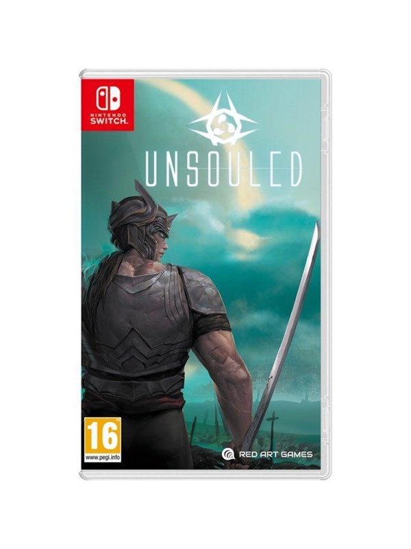 Cover art for "Unsouled - Switch" features a muscular warrior in armor with a sword, set against a dramatic sky with green and blue hues, showcasing the game's title prominently.