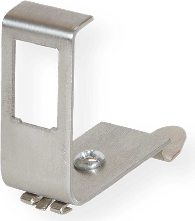 Silver rail-mount fastener made of metal, featuring a rectangular cutout and a screw hole for secure attachment, designed for network adapters.