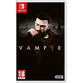 VAMPYR for Nintendo Switch features a dark cover with a brooding male character in a black coat, set against a moody cityscape, highlighted by the red title text.