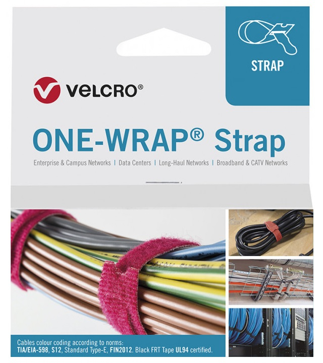 Black Velcro One-Wrap strap roll, 13mm x 200mm, 750 pieces, designed for organizing cables in networks, featuring a reusable, adjustable fastening system.