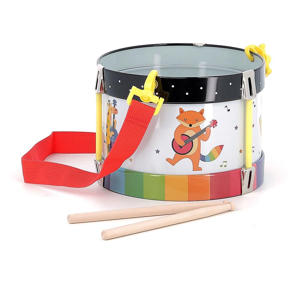 Colorful metal drum featuring a playful fox design, with a clear top, yellow clips, a red strap, and two wooden drumsticks.