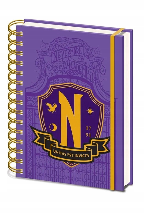 Aspirational purple A5 notebook featuring a gold spiral binding, embossed shield design with "N" and "UNITAS EST INVICTA," inspired by Wednesday's Nevermore Academy.
