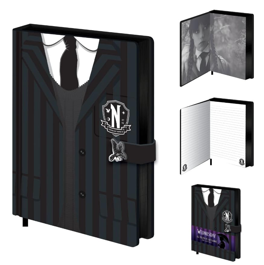 A5 notebook featuring a black and white striped cover resembling a suit, with a tie, button details, and a character illustration inside, secured with a black elastic band.