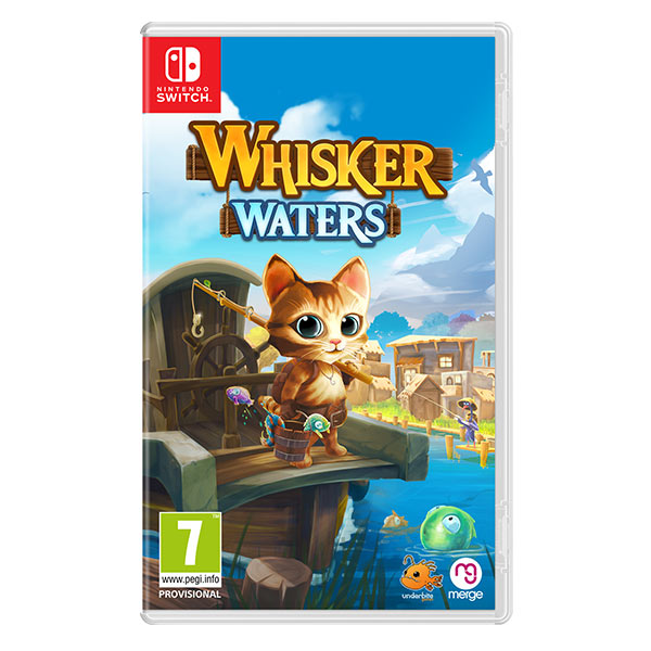 Colorful game cover featuring a cartoon cat in overalls, fishing by a river with a village backdrop, titled "Whisker Waters" at the top, designed for Nintendo Switch.