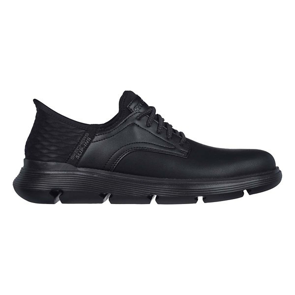 Skechers Men's Garza Gervin Shoes in black, featuring a sleek synthetic upper, textured heel, and cushioned sole for comfort and style.