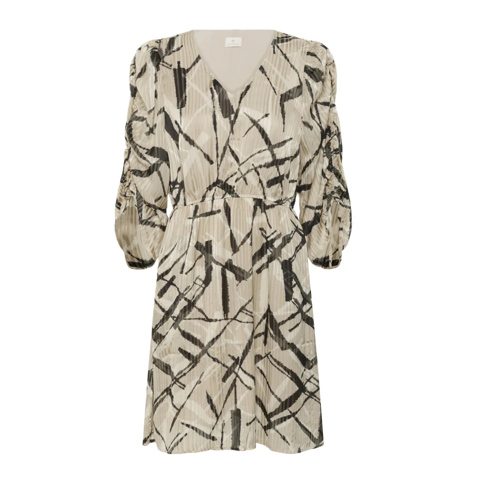 Light beige women's dress by Kaffe, featuring a V-neck, puffed sleeves, and a black abstract print, made from a soft, flowing material.