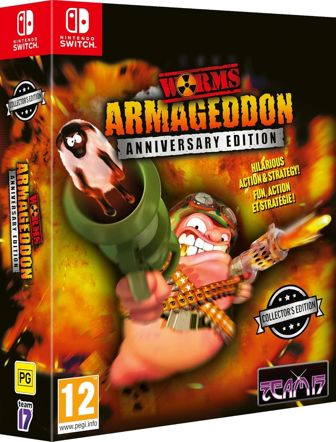 Worms Armageddon Anniversary Collector's Edition for Switch features vibrant graphics, a colorful box with a cartoon worm character, and bold text highlighting its fun and strategic gameplay.
