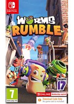 Colorful game box for "Worms Rumble" on Nintendo Switch, featuring cartoonish worm characters and vibrant graphics, with a prominent "team17" logo and "Download Code Only" label.
