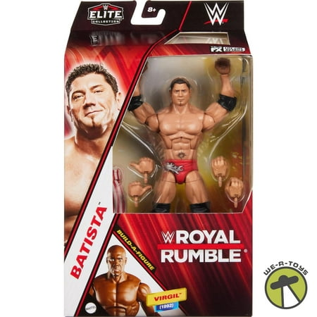 WWE Batista action figure in red shorts, showcasing muscular details, with interchangeable hands, packaged in a vibrant Royal Rumble box featuring bold graphics.