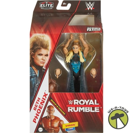 WWE Beth Phoenix action figure in a clear packaging, featuring her signature blonde hair, blue attire, and interchangeable hands, labeled "Royal Rumble" and "Elite Collection."
