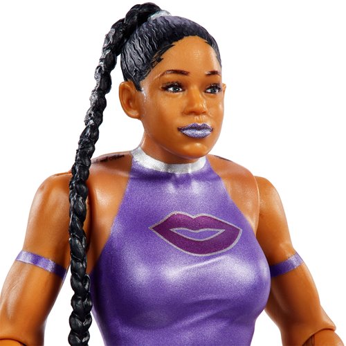 Bianca Belair action figure features a purple outfit with a glossy finish, long braided hair, and a distinctive lip design, capturing her signature wrestling look.