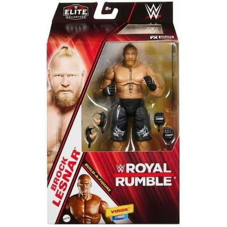Brock Lesnar action figure in black shorts and gloves, featuring muscular details, packaged in a red and black box with "Royal Rumble" branding and an image of Lesnar on the front.