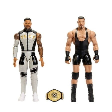Two action figures: Jey Uso in a white and black outfit with "YET" printed, and Bron Breakker in a black singlet, with a gold WWE championship belt between them.