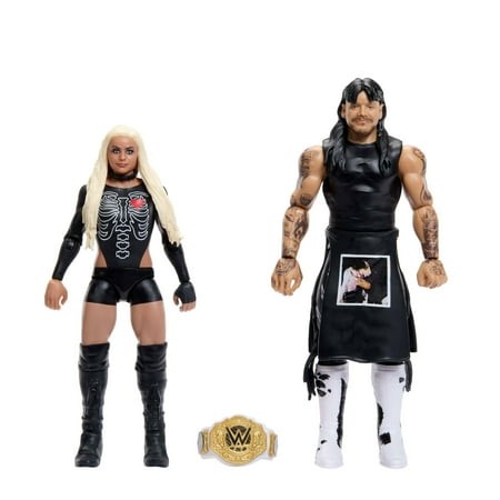 WWE Dominik Mysterio and Liv Morgan action figures, featuring detailed outfits; Liv in a black skeleton design and Dominik in an apron, with a championship belt included.
