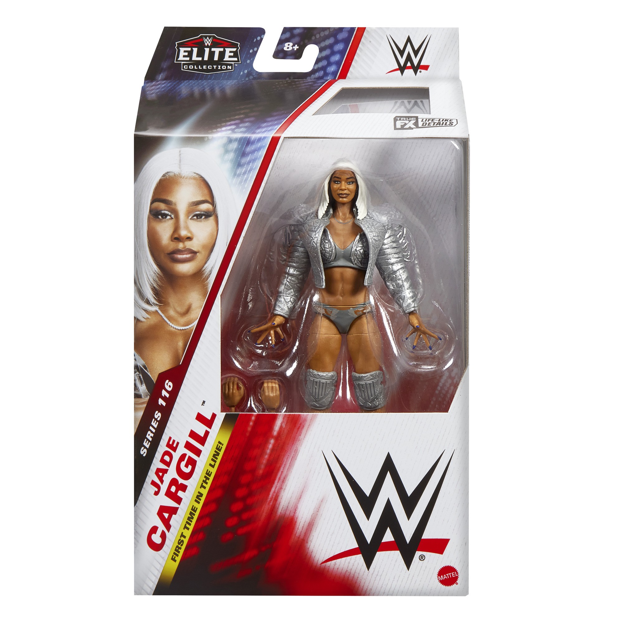 WWE Elite Series 116 action figure of Jade Cargill, featuring a silver jacket, black bikini, and knee-high boots, packaged in a clear plastic box with a red and white design.