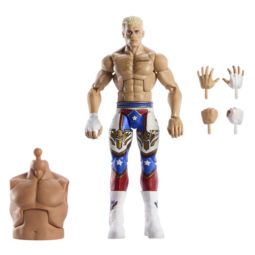 Cody Rhodes action figure stands 15cm tall, featuring a muscular build, blonde hair, red, white, and blue pants with star designs, and includes interchangeable hands and a torso piece.
