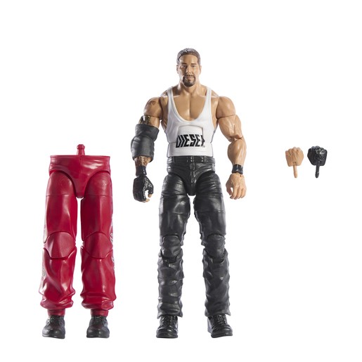 15cm WWE Elite Collection Diesel action figure features a muscular build, wearing a white tank top with "DIESEL" printed, red pants, black boots, and includes interchangeable hands.