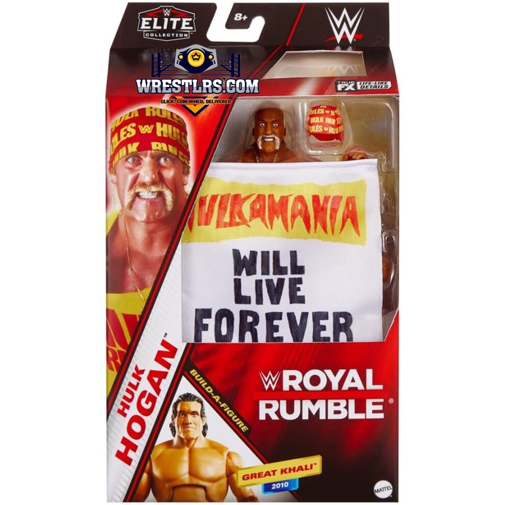 15cm action figure of Hulk Hogan in red and yellow attire, featuring a bandana, mustache, and a white towel with "HULKAMANIA WILL LIVE FOREVER" text, packaged in a colorful box.