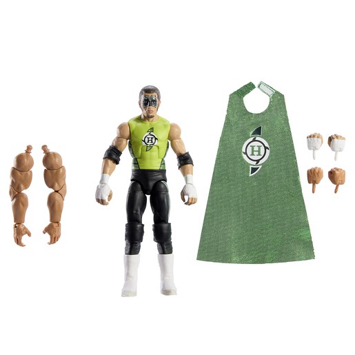 WWE Elite Collection action figure of The Hurricane, featuring a green cape, black pants, interchangeable hands, and muscular arms, standing 15cm tall.