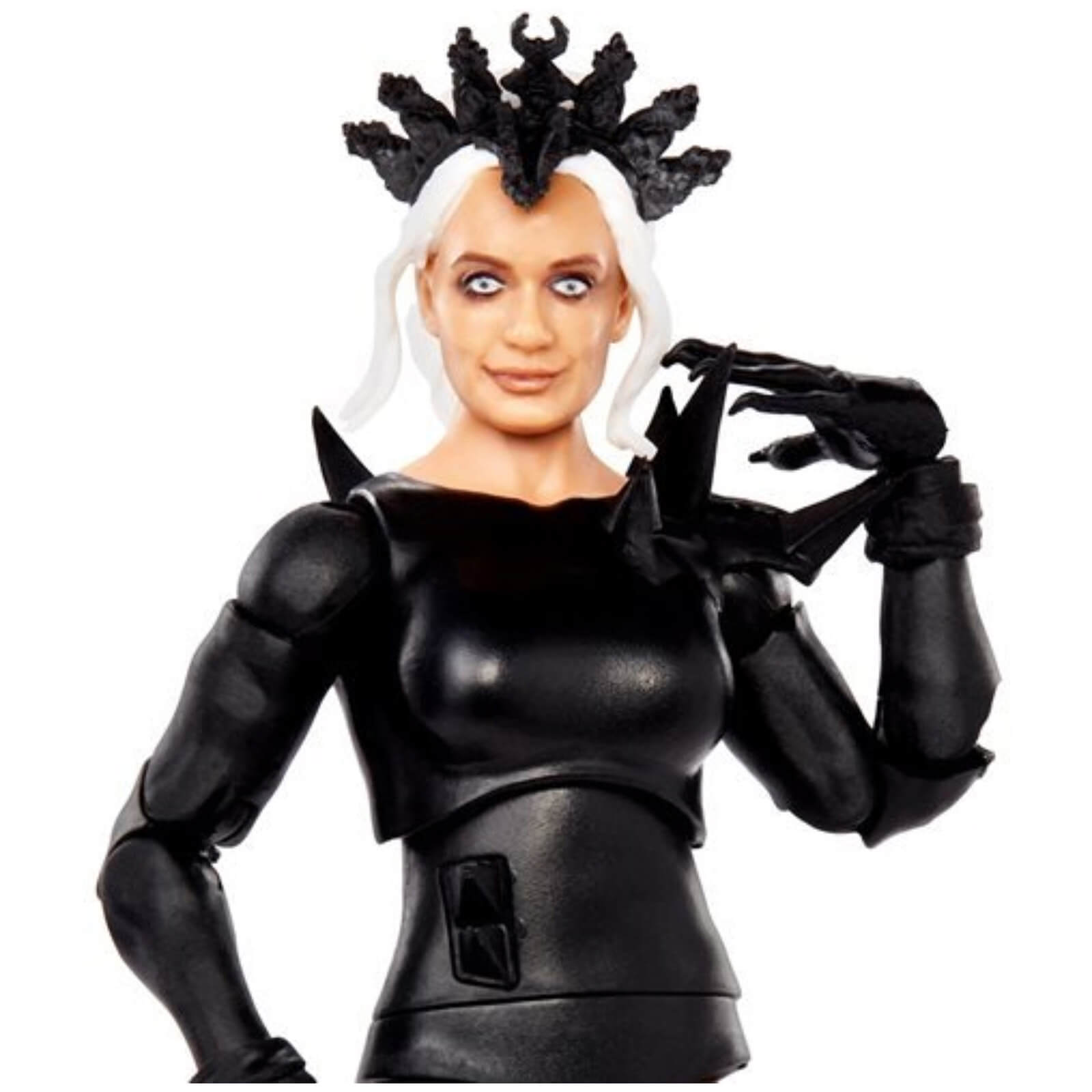 WWE Elite Collection Scarlett figure features a detailed black outfit, striking white hair, and a crown-like accessory, showcasing articulated limbs and a fierce expression.