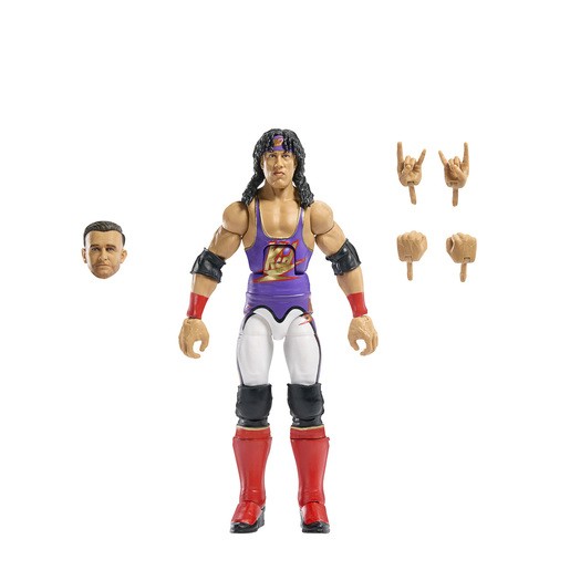 WWE Elite Collection 123 Kid action figure features a muscular design, wearing a purple and yellow outfit, with red boots, and includes interchangeable hands and an extra head.