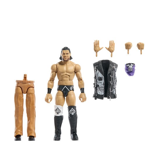 JD McDonagh action figure set featuring a muscular figure in black shorts and knee pads, with interchangeable hands, a black vest, and a purple mask, all in a collectible format.