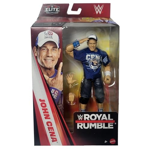 WWE John Cena action figure in a blue "CENATION" shirt and black shorts, featuring interchangeable hands and a cap, packaged in a colorful Royal Rumble box.