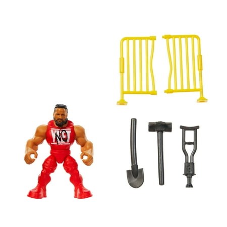 WWE Knuckle Crunchers Jimmy Uso action figure in red attire, featuring bone-crunching movement, alongside yellow barricades and black accessories including a shovel and hammer.