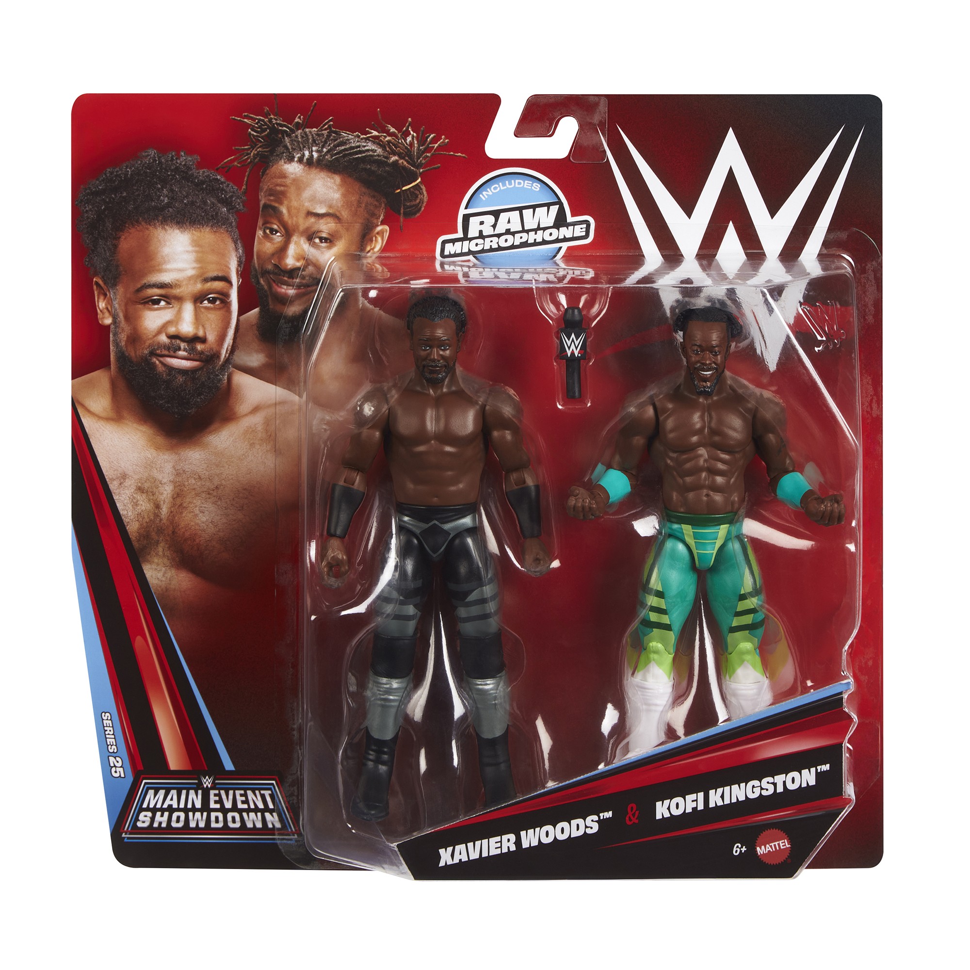 Two action figures of WWE wrestlers Kofi Kingston and Xavier Woods, featuring detailed facial features, Kofi in green and white attire, and Xavier in black gear, packaged with a red background.