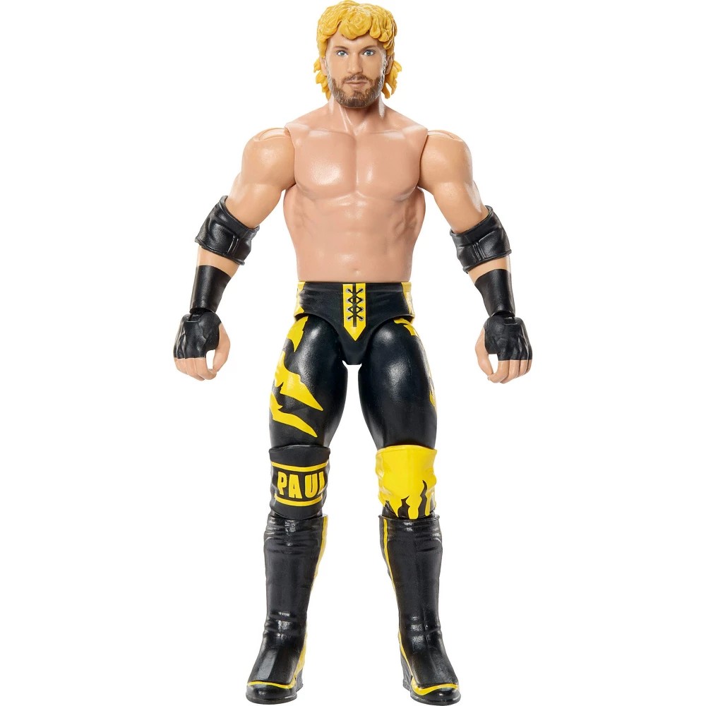 WWE Logan Paul action figure features a muscular build, blonde hair, black and yellow attire with "PAUL" on the pants, and articulated limbs for dynamic posing.