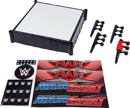 WWE Main Event Ring set featuring a black and white wrestling ring, accessories for customization, and colorful "RAW" and "MAIN EVENT" stickers.