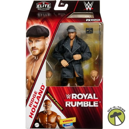 WWE Ridge Holland action figure in a black and white patterned coat, wearing a cap, with a muscular build, packaged in a colorful Royal Rumble box.