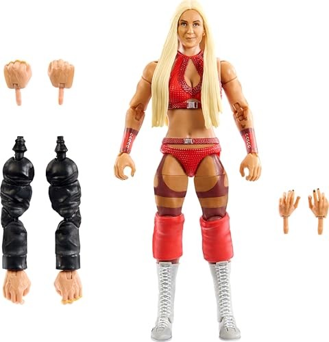 Collectible WWE Elite Collection Charlotte Flair action figure features a multicolored outfit with a red sparkly top, matching shorts, and white boots, plus interchangeable hands and arms.