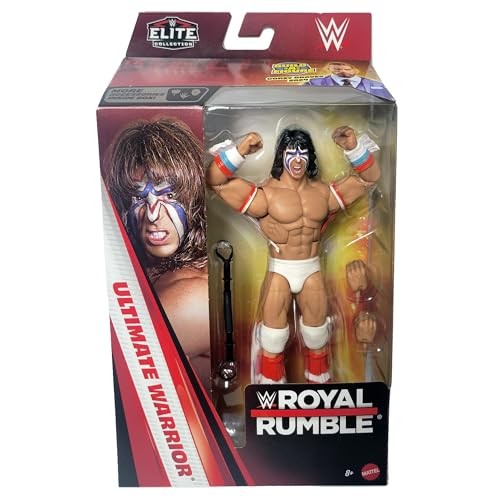 WWE Elite Collection Ultimate Warrior action figure in a colorful box, featuring detailed facial paint, muscular build, and interchangeable hands, themed for the Royal Rumble event.