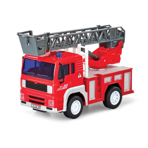 Bright red fire truck toy with a movable ladder, blue light on top, and detailed grey ladder mechanism, made from durable plastic, ideal for imaginative play.