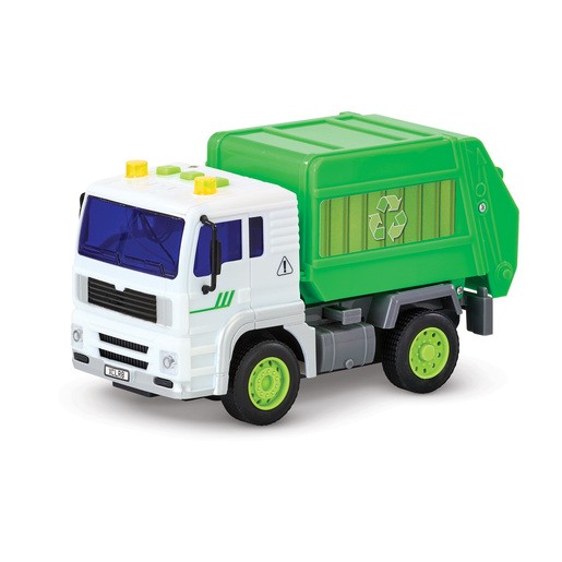 White and green plastic garbage truck with a recycling symbol, featuring lights and sounds, and a green container on the back.