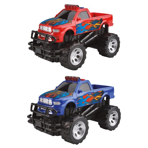 Red and blue monster trucks with flame decals, oversized wheels, and a sturdy build, featuring lights and sounds for interactive play.