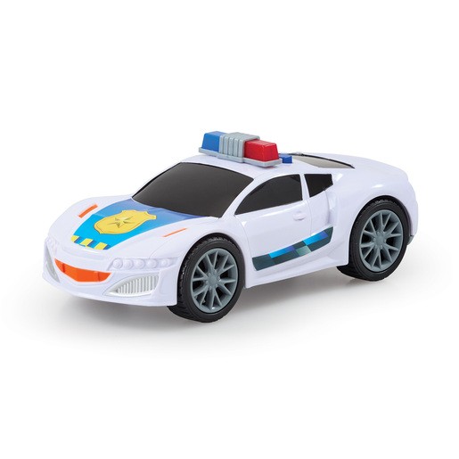 White police car toy with blue and red lights on top, featuring a police badge design on the hood and black wheels, made from durable plastic for imaginative play.