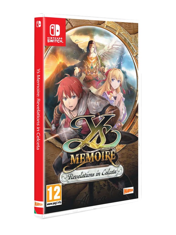 Ys Memoire: Revelations in Celceta for Switch features a colorful cover with characters in fantasy attire, surrounded by mystical elements, set against a golden compass design.