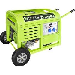 Bright green portable generator with a sturdy frame, featuring a control panel with blue outlets and a pull handle, mounted on two wheels for easy mobility.