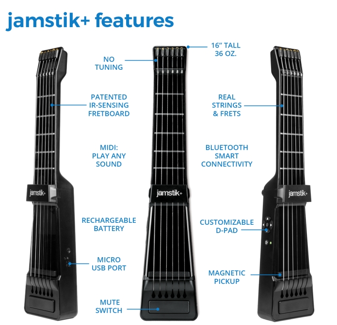 Black portable MIDI electric guitar with a sleek design, featuring a 16-inch height, real strings, frets, Bluetooth connectivity, and customizable D-pad for music creation.