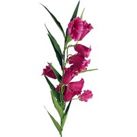 Fuchsia pink artificial trumpet flower stem, 100cm, with green leaves and multiple blossoms.