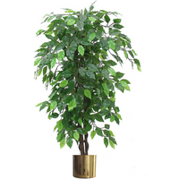 Large bushy artificial Ficus tree with lush green leaves in a gold metal planter, 120cm tall.