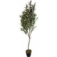 Artificial 180cm olive tree with realistic green leaves and wooden trunk in a black pot.