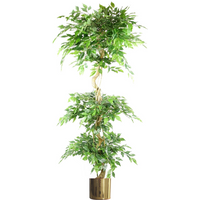 Artificial 180cm twisted trunk Fruticosa Ficus tree with triple ball topiary, 1984 leaves, in a gold metal planter.